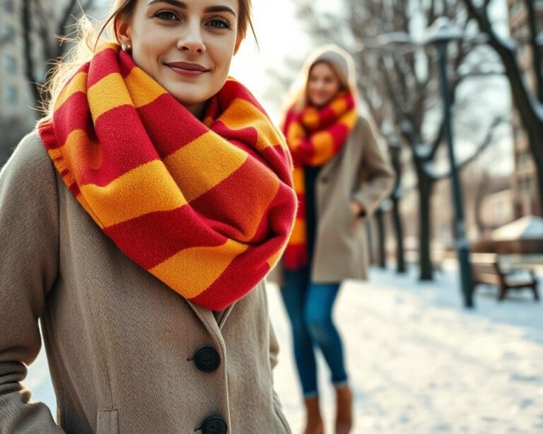 How can a bold scarf brighten winter looks?