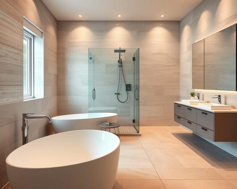 Why are large format tiles popular in bathrooms?